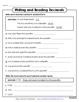 Reading and Writing Decimals 5th Grade Math Worksheet