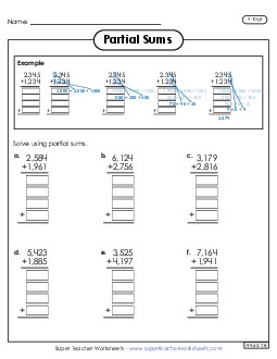 4-Digit Partial Sums Addition (with Example) Worksheet