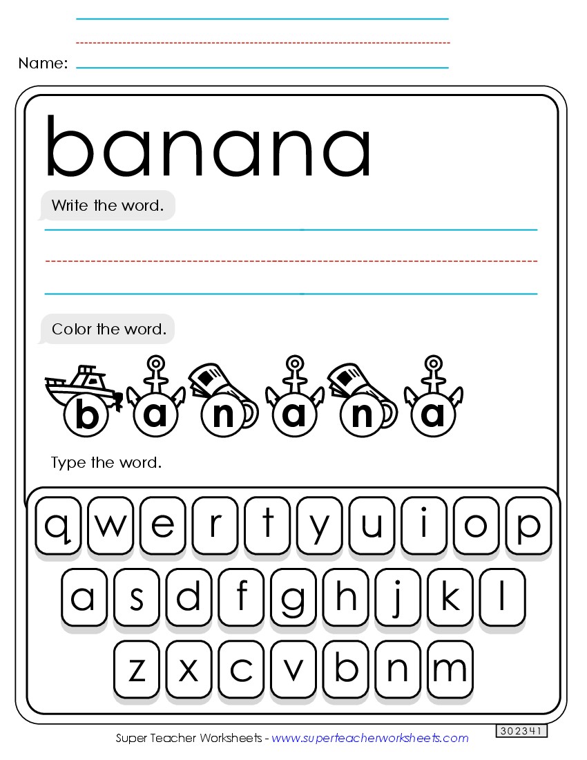 Write, Color, Type: Banana Sight Words Individual Worksheet