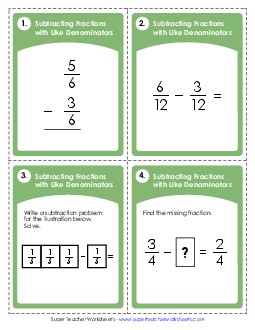 Task Cards: Subtraction Fractions w/ Like Denominators Worksheet