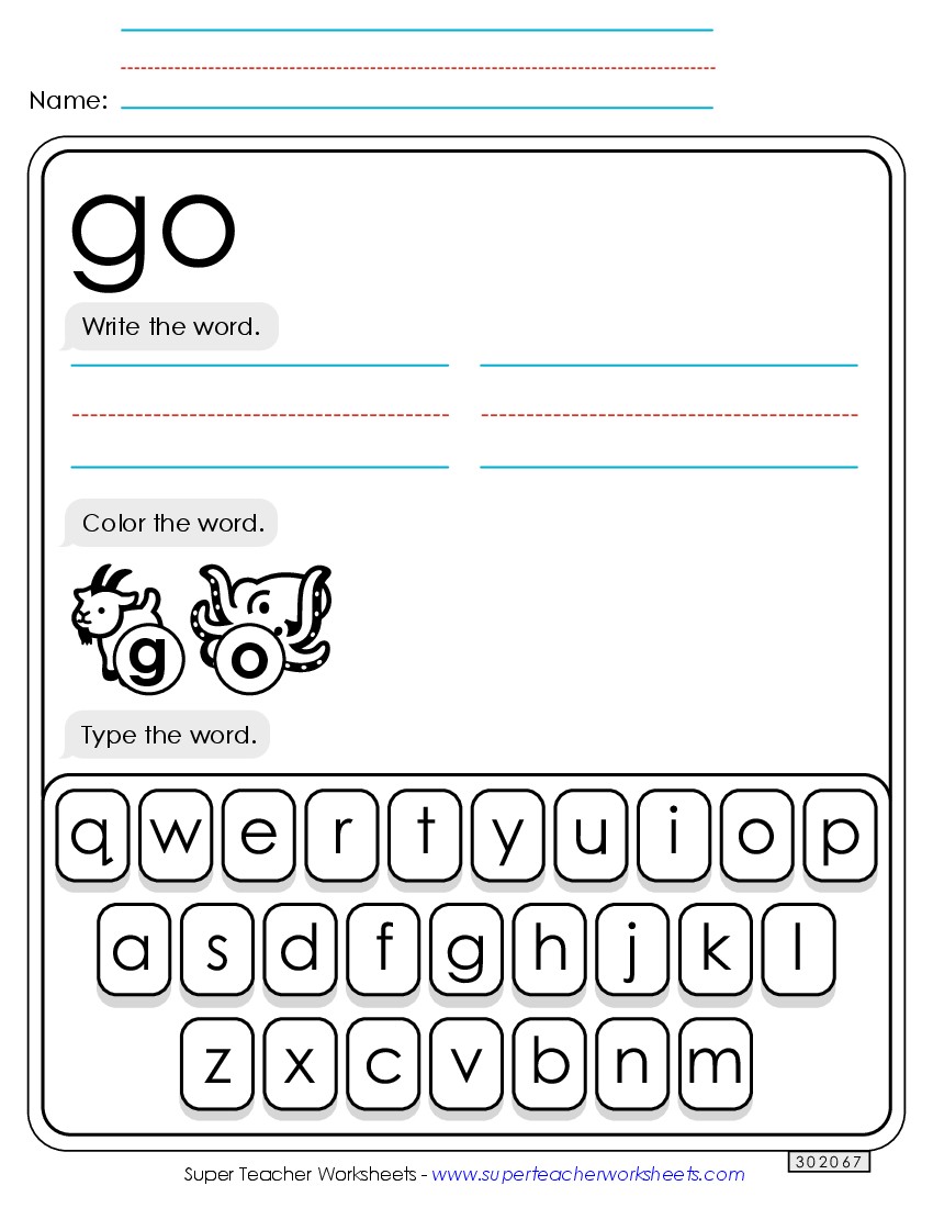 Write, Color, Type: Go Sight Words Individual Worksheet