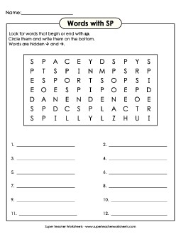 SP Word Search Phonics Blends Worksheet