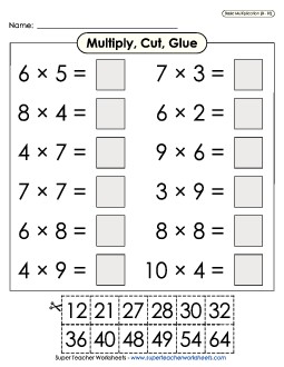 Multiply, Cut, Glue (0-10) Multiplication Worksheet