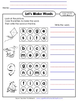 Let\'s Make Words (Long I; Silent E) #1 Phonics Silent E Worksheet