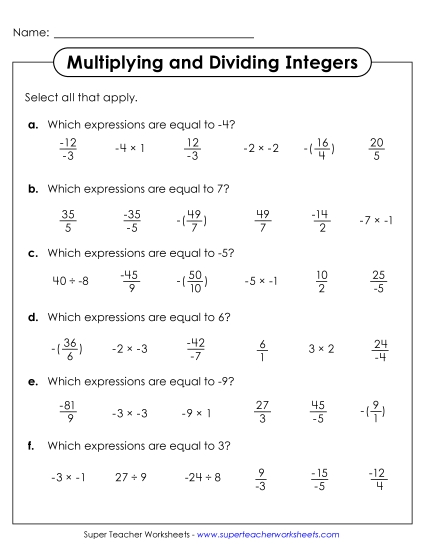 New Multiplying and Dividing Integers: <br>Equal Expressions Worksheet New Multiplying and Dividing Integers: <br>Equal Expressions Worksheet