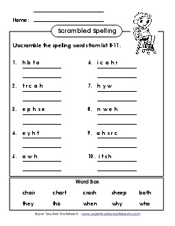 Unscramble (B-11) Spelling B Worksheet