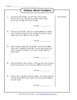 Division Word Problems 4th Grade Math Worksheet