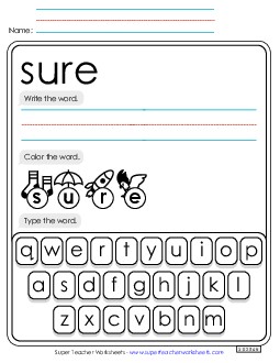 Write, Color, Type: Sure Sight Words Individual Worksheet