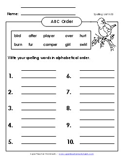 ABC Order: Write List (B-28) Spelling B Worksheet