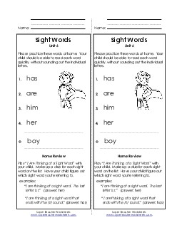 Take-Home List (Unit 6)  Sight Words Worksheet