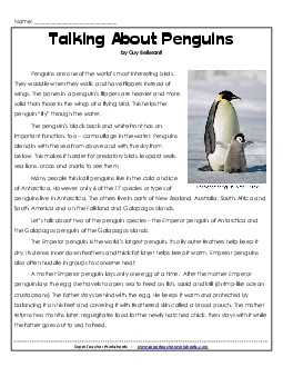 Talking About Penguins 5th Grade Reading Comprehension Worksheet