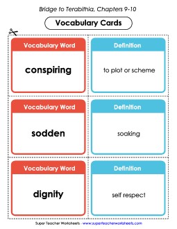 Vocabulary Cards for Chapters 9-10 Book Bridge To Terabithia Worksheet