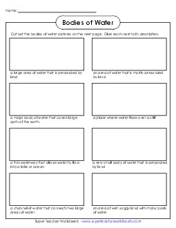 Bodies of Water Cut & Glue 2nd Grade Science Worksheet