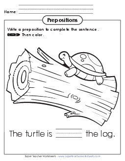 Fill in the Blank and Color: Turtle Prepositions Worksheet