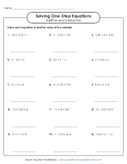 Solving One Step Equations: Advanced (Addition & Subtraction) Worksheet