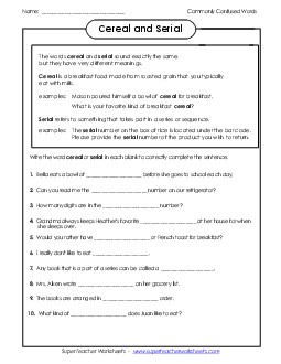 Cereal and Serial  Commonly Confused Words Worksheet