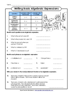 Writing Algebraic Expressions Worksheet