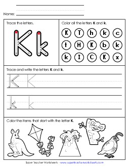 Tracing, Writing, and Recognizing Letter K Alphabet Worksheet