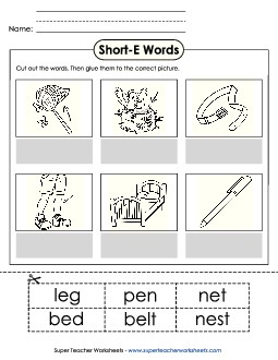 Cut-and-Glue (Short E Words) Free Phonics Long Short E Worksheet