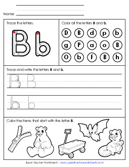 Tracing, Writing, and Recognizing Letter B Alphabet Worksheet