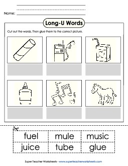 Cut-and-Glue (Long U Words) Free Phonics Long Short U Worksheet