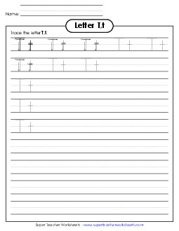 Letter T, t - Tracing (Smaller Font Size) Alphabet Worksheet