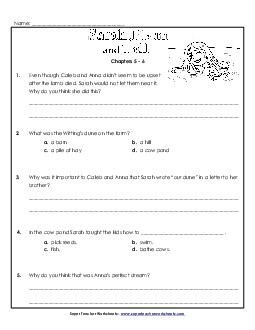 Questions for Chapters 5-6 Book Sarah Plain And Tall Worksheet