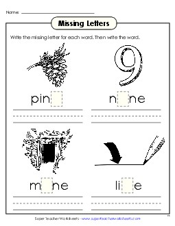 Missing Letters (-ine) Word Families Worksheet