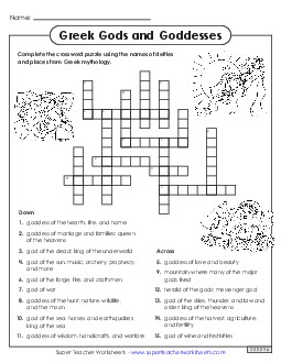 Crossword Puzzle: Greek Gods and Goddesses Greek Mythology Worksheet