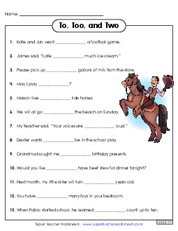 To, Too, & Two 4th Grade ELA Worksheet