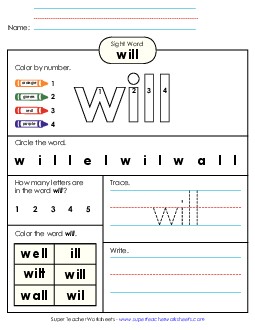 Worksheet 4: Will Sight Words Individual Worksheet