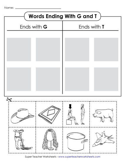 aCVC Words Ending With G & T<br>Cut & Glue Sort