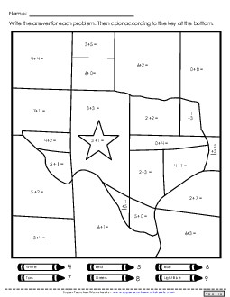 Texas Addition Mystery Picture States Individual Worksheet