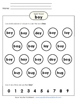 Dab or Color: Boy Sight Words Individual Worksheet