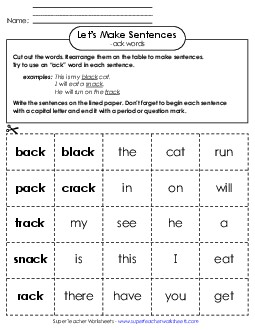 Make Sentences: Word Cards (-ack) Word Families Worksheet