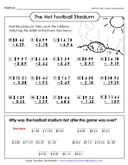 The Hot Stadium (Subtracting Money) Subtraction Worksheet