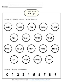 Dab or Color: Four Sight Words Individual Worksheet