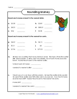 Rounding Nearest Dollar & Nearest Ten Cents Worksheet