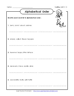 Alphabetical Order (C-10) Spelling C Worksheet