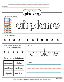 Worksheet 4: Airplane Sight Words Individual Worksheet