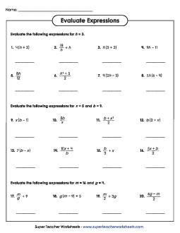 Evaluate Algebraic Expressions (Intermediate) Worksheet 1 Expressions Evaluate Worksheet