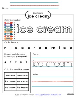 Worksheet 4: Ice Cream Sight Words Individual Worksheet