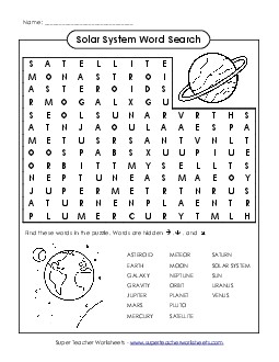 Word Search - Solar System Space Worksheet