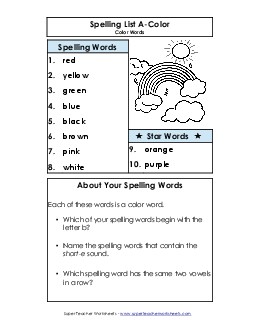 Spelling List (A-Color Words)  Spelling A Worksheet