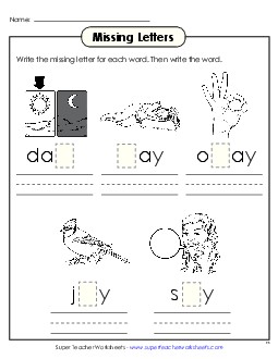 Missing Letters (-ay) Word Families Worksheet