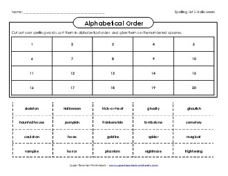 ABC Order: Cut and Glue Spelling E Worksheet