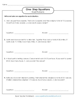 Word Problems: One-Step Equations (Advanced) Worksheet