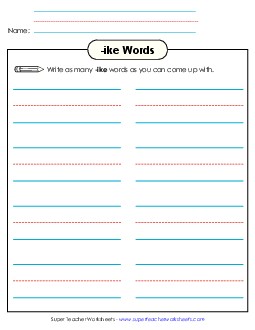 Brainstorm and Write (-ike) Word Families Worksheet