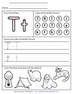 Tracing, Writing, and Recognizing Letter T Alphabet Worksheet