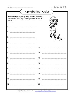 ABC Order: Write List (C-10) Free Spelling C Worksheet